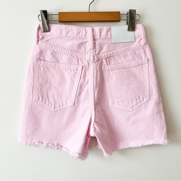 Aritzia Denim Forum Pink Yoko Mid Thigh Shorts High Rise Distressed Hem Size 24 - Picture 3 of 4